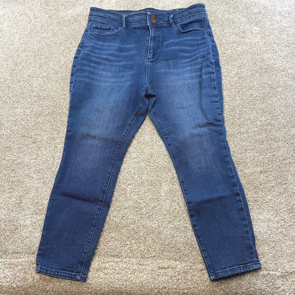 Ann Taylor Factory Petite 14P Straight Leg Jeans Dark Wash Button Stretch 14